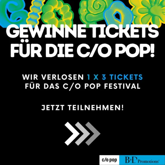 🎉 VERLOSUNG GESCHLOSSEN 🎉

3 x 3-Tages-Tickets (Do–Sa) für das c/o pop Festival 2025 in Köln! 

📅 24.–26. April 2025 | Wert: je 90 €

Das @copopfestival bringt die coolsten Newcomer, Konzerte & Clubnächte nach Köln – ein Muss für alle Musikfans & Kulturbegeisterte! 
Und am Sonntag? Da ist das gesamte Programm sogar kostenlos! 
 Zur Info: Die Eröffnung am Mittwoch ist nicht im 3-Tages-Ticket enthalten.
 
Unsere Promoter von B+D Promotions sind mit @ploom.de live vor Ort! Freut euch auf coole Aktionen wie:

🎨 T-Shirts, die live von einem angesagten Graffiti Artist besprayt werden
🛍️ Ploom-Stand zum Ausprobieren & Kaufen
📸 Und noch mehr Überraschungen
 
So machst du mit:

✔️ Folge @bplusdpromotions
✔️ Like diesen Post
✔️ Kommentiere deine zwei Besties, die dich unbedingt zum c/o pop Festival begleiten sollen!
 
📆 Teilnahmeschluss: 21.04.2025, 23:59 Uhr

Die Gewinner:in wird per DM benachrichtigt.

Alle Teilnahmebedingungen findest du im Link in unserer Bio.
 
Viel Glück! 🍀